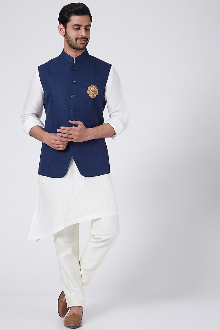Royal Blue Textured Bundi Jacket by Aqube by Amber Men