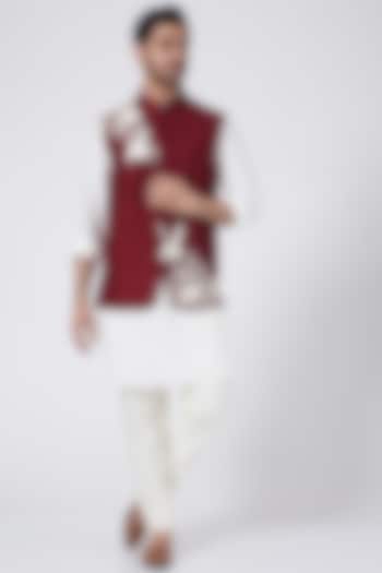 Maroon Embroidered Bundi Jacket by Aqube by Amber Men at Pernia's Pop Up Shop