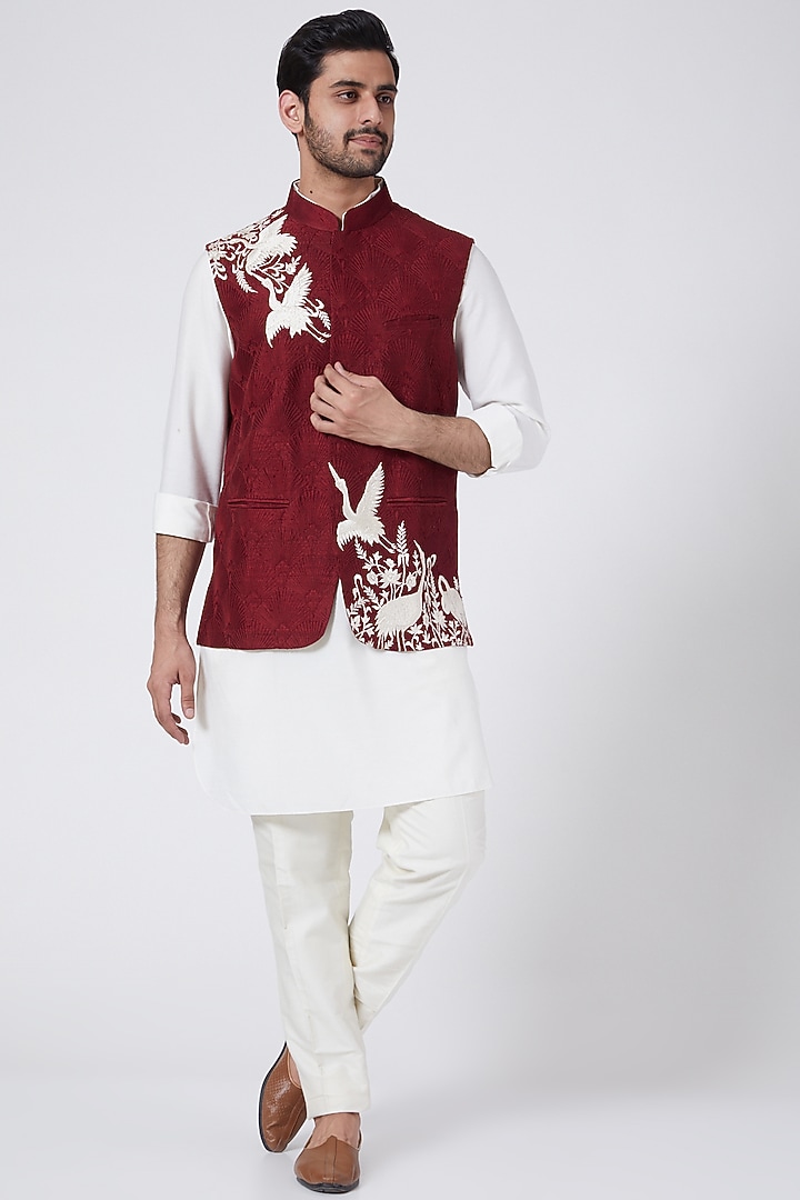Maroon Embroidered Bundi Jacket by Aqube by Amber Men at Pernia's Pop Up Shop