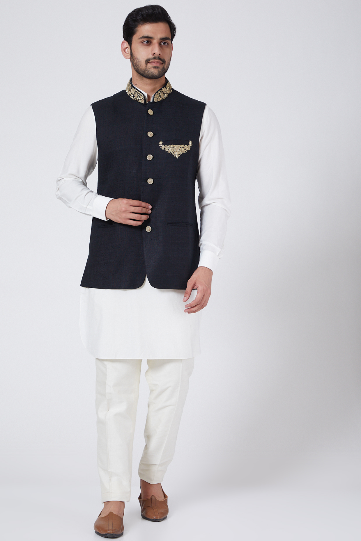 Black Embroidered Bundi Jacket by Aqube by Amber Men