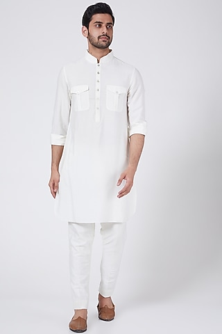 Ivory Spun Silk Kurta Set by Aqube by Amber Men