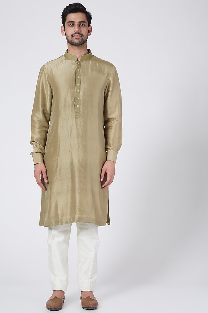 Olive Green Dupion Silk Kurta Set by Aqube by Amber Men at Pernia's Pop Up Shop