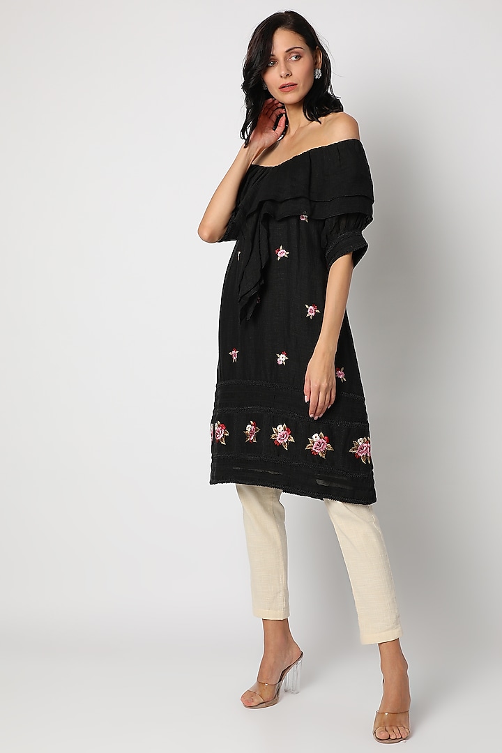 Black Embroidered Off Shoulder Tunic by Aqube by Amber