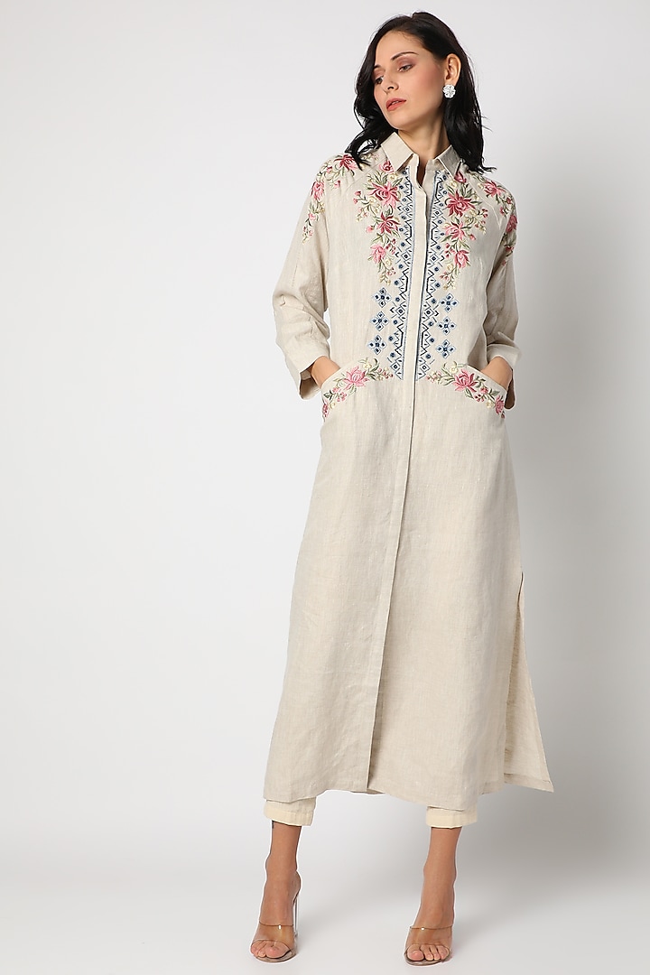 Natural Beige Embroidered Tunic by Aqube by Amber