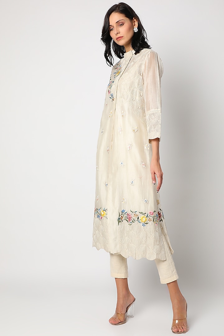 Cream Embroidered Scalloped Jacket Kurta With Inner by Aqube by Amber