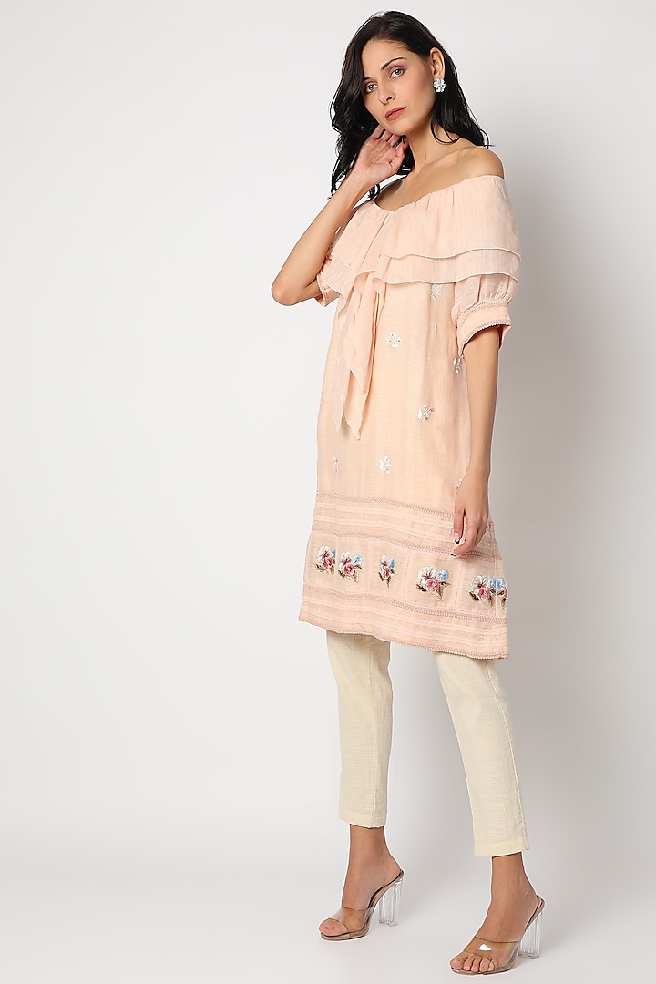 Peach Embroidered Off Shoulder Tunic by Aqube by Amber at Pernia's Pop Up Shop