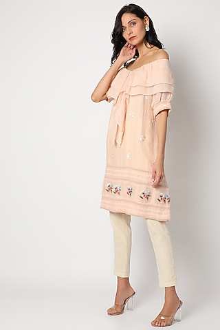 Peach Embroidered Off Shoulder Tunic by Aqube by Amber