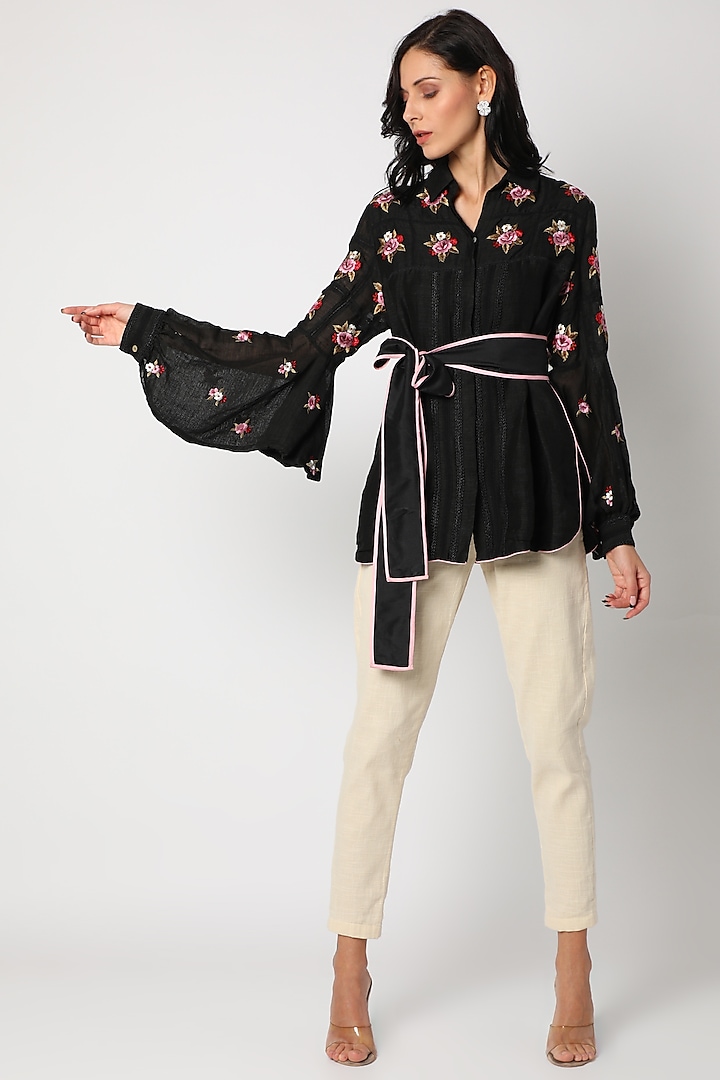 Black Floral Embroidered Shirt by Aqube by Amber