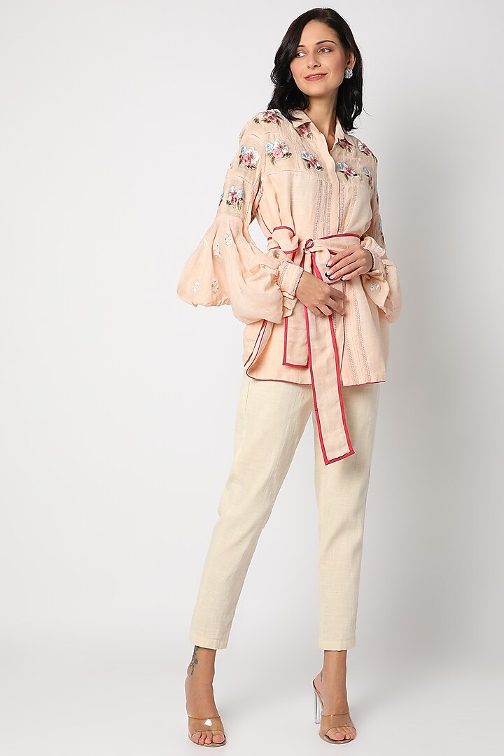 Peach Embroidered Shirt by Aqube by Amber