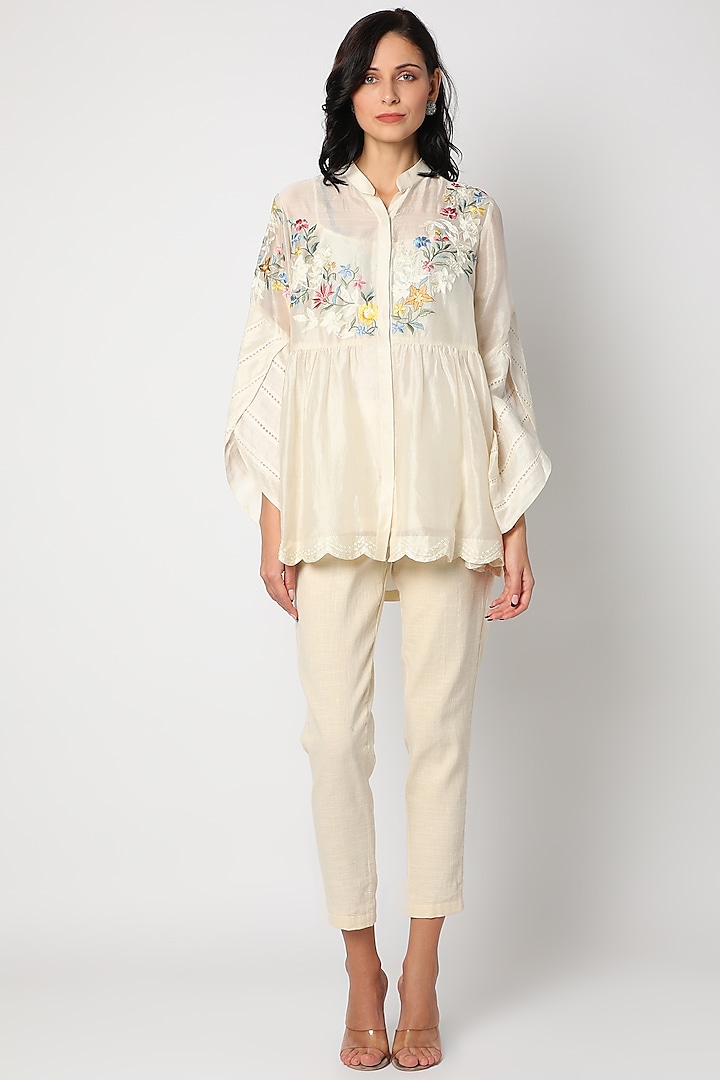 Cream Aari Embroidered Tunic by Aqube by Amber