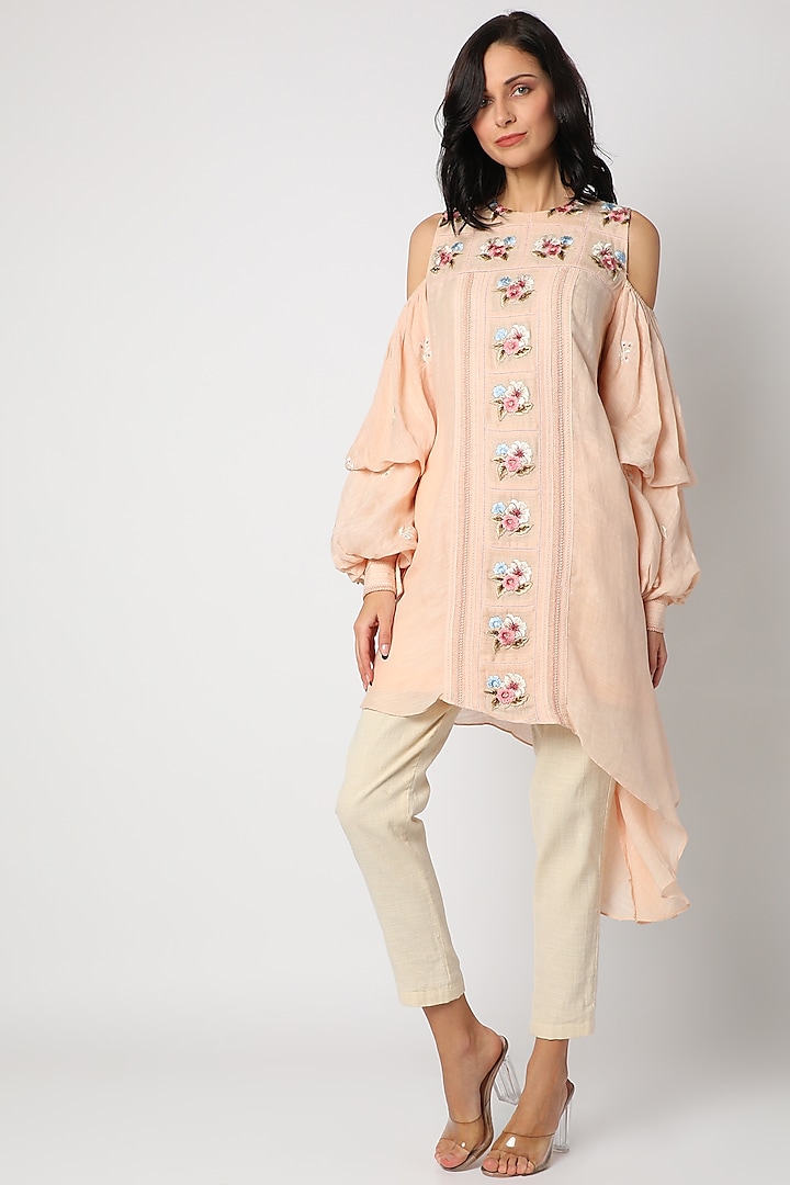 Peach Embroidered Asymmetrical Tunic by Aqube by Amber