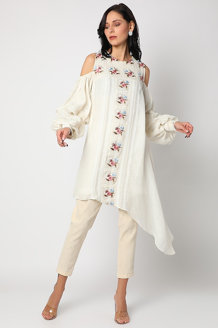 Off White Embroidered Asymmetrical Tunic by Aqube by Amber
