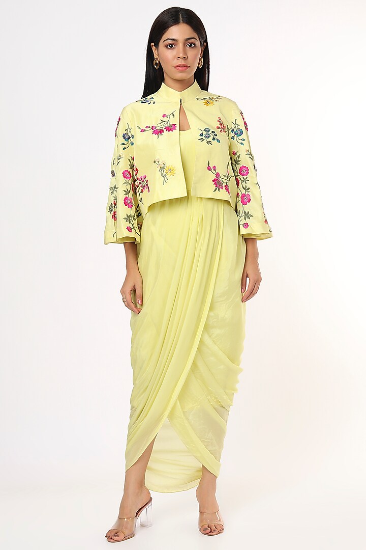 Yellow Embroidered Jacket With Dress by Aqube by Amber