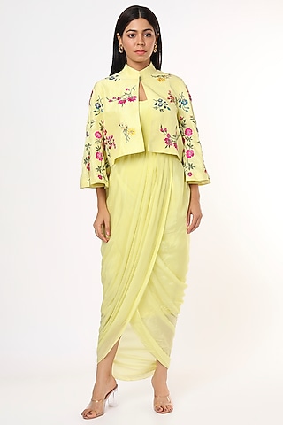 Yellow Embroidered Jacket With Dress by Aqube by Amber