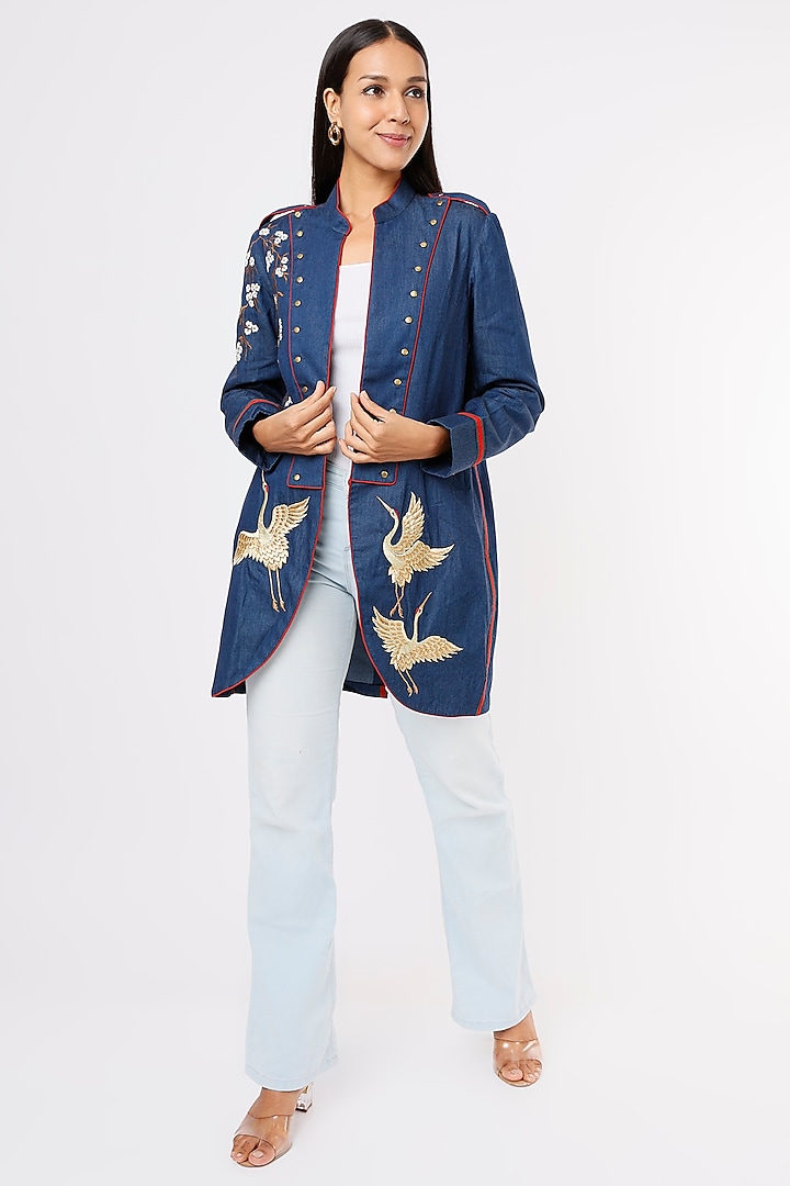 Blue Embroidered Jacket by Aqube by Amber