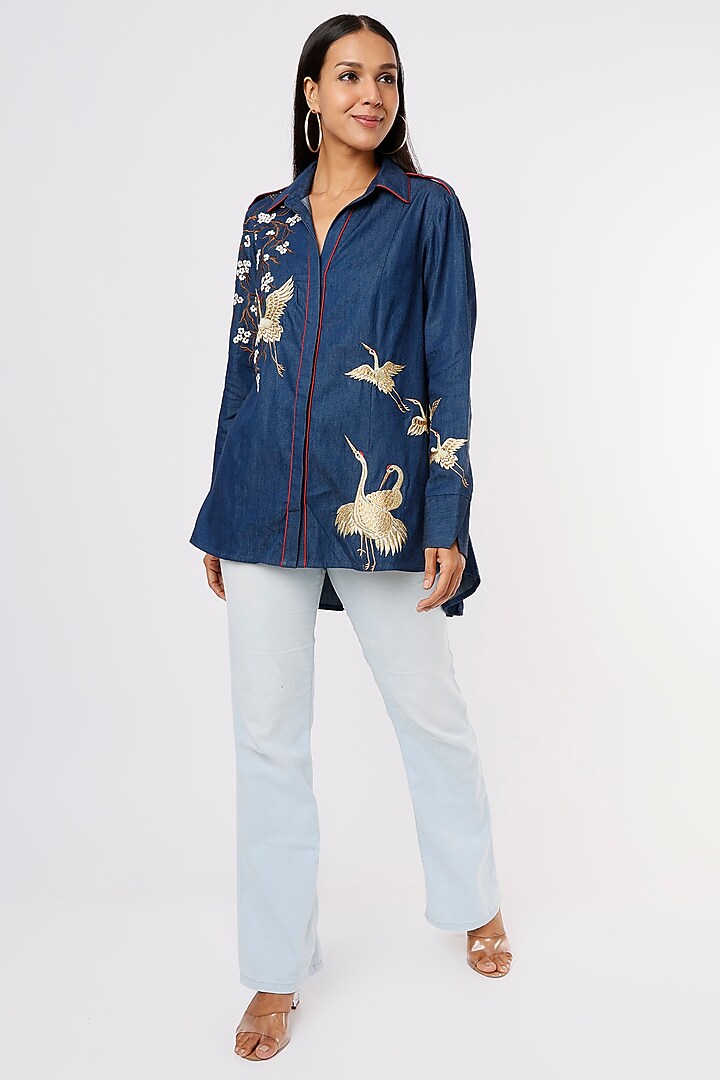 Blue Embroidered Tunic by Aqube by Amber