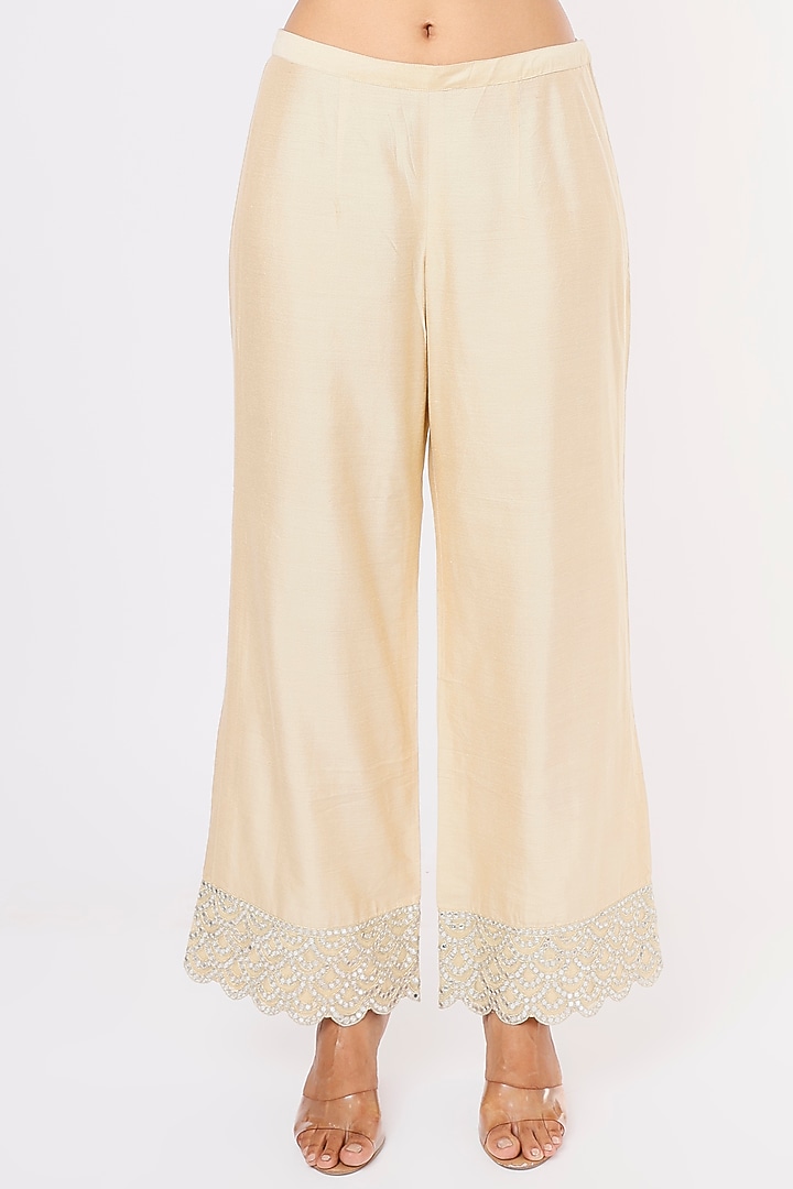 Beige Cotton Spun Silk Palazzo Pants by Aqube by Amber at Pernia's Pop Up Shop