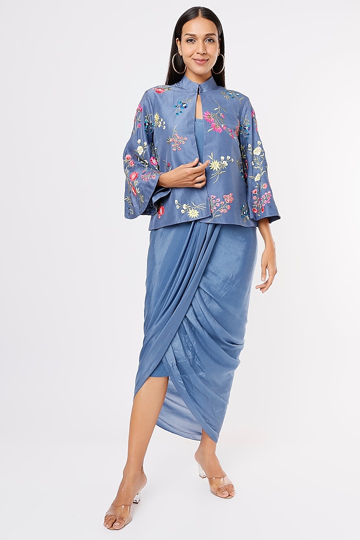 Denim Blue Embroidered Dress by Aqube by Amber