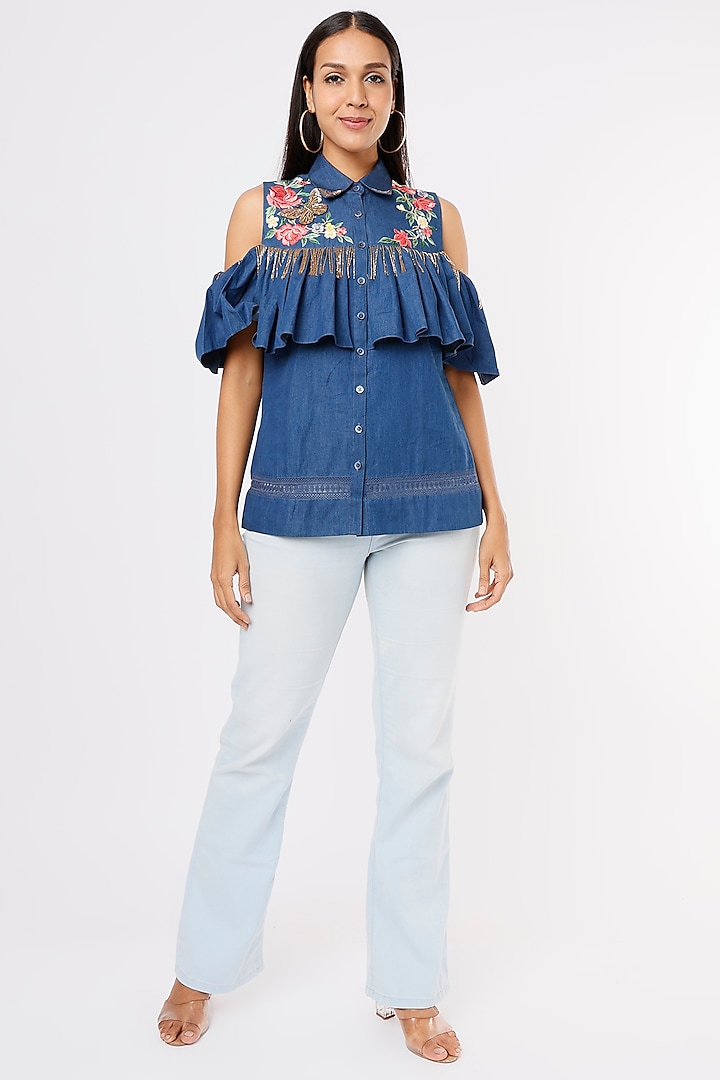 Dark Blue Embroidered Shirt by Aqube by Amber
