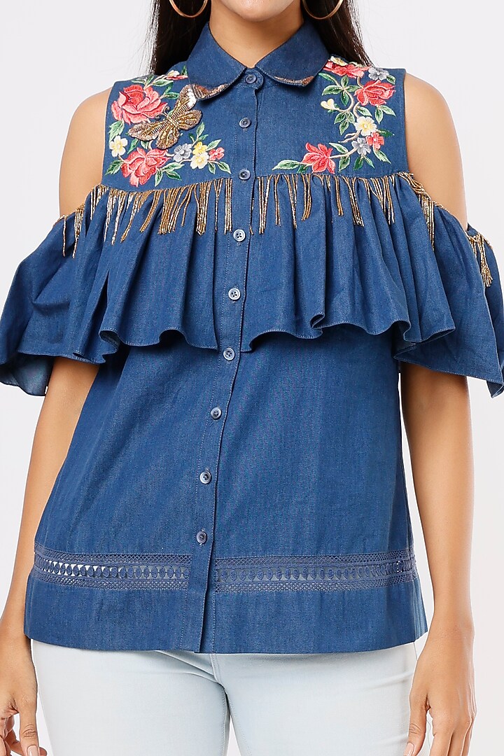 Dark Blue Embroidered Shirt by Aqube by Amber at Pernia's Pop Up Shop