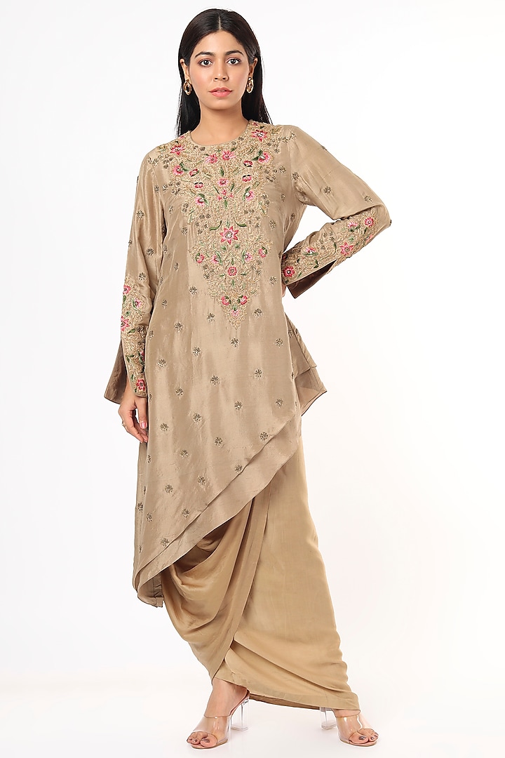 Taupe Embroidered Kurta by Aqube by Amber