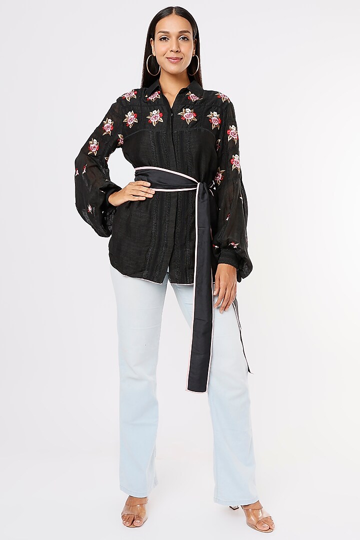 Black Embroidered Shirt by Aqube by Amber
