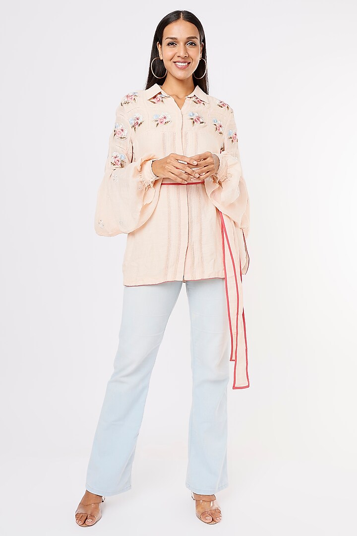Peach Embroidered Shirt by Aqube by Amber