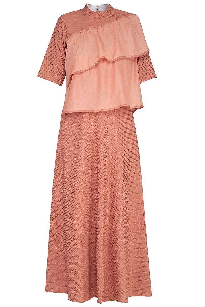 Peach Embroidered Flared Dress by AQDUS