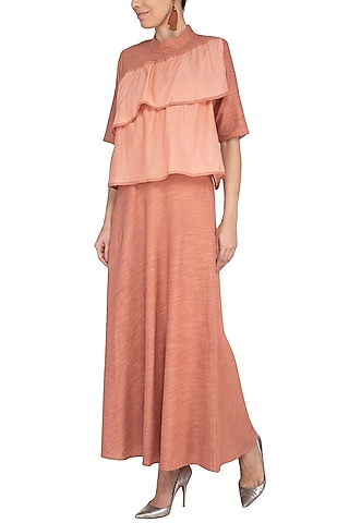 Peach Embroidered Flared Dress by AQDUS
