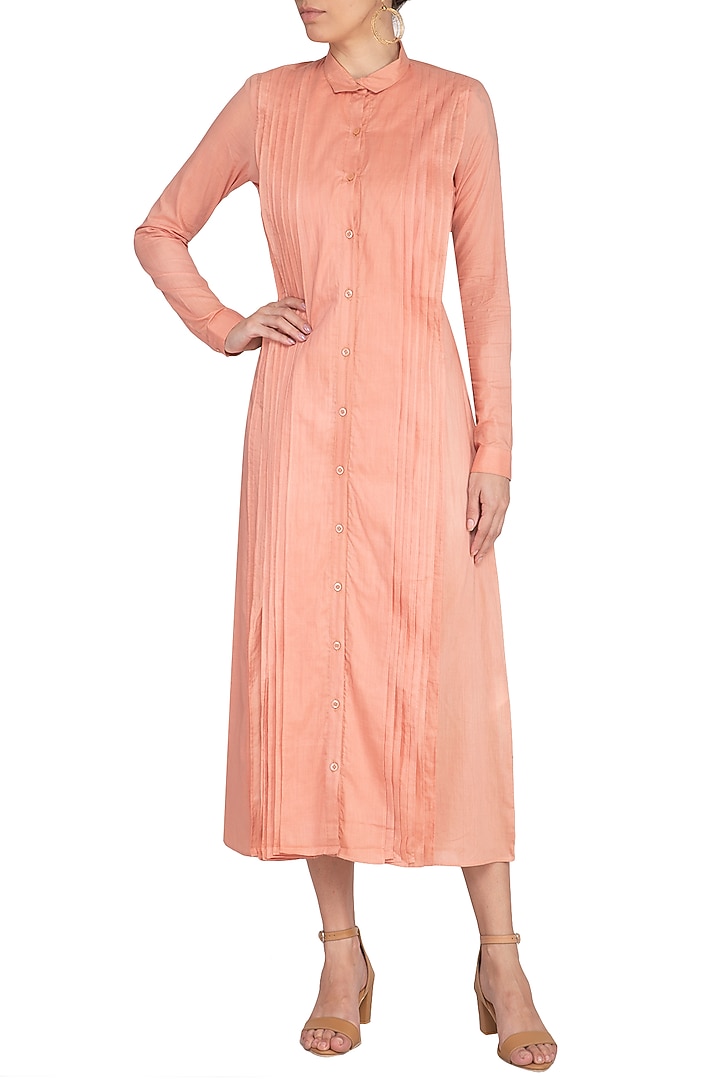 Coral Almond Pleated Midi Vacation Dress by AQDUS at Pernia's Pop Up Shop