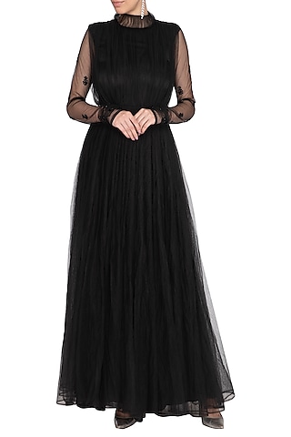 Black Embroidered Flared Dress With Half Jacket by AQDUS