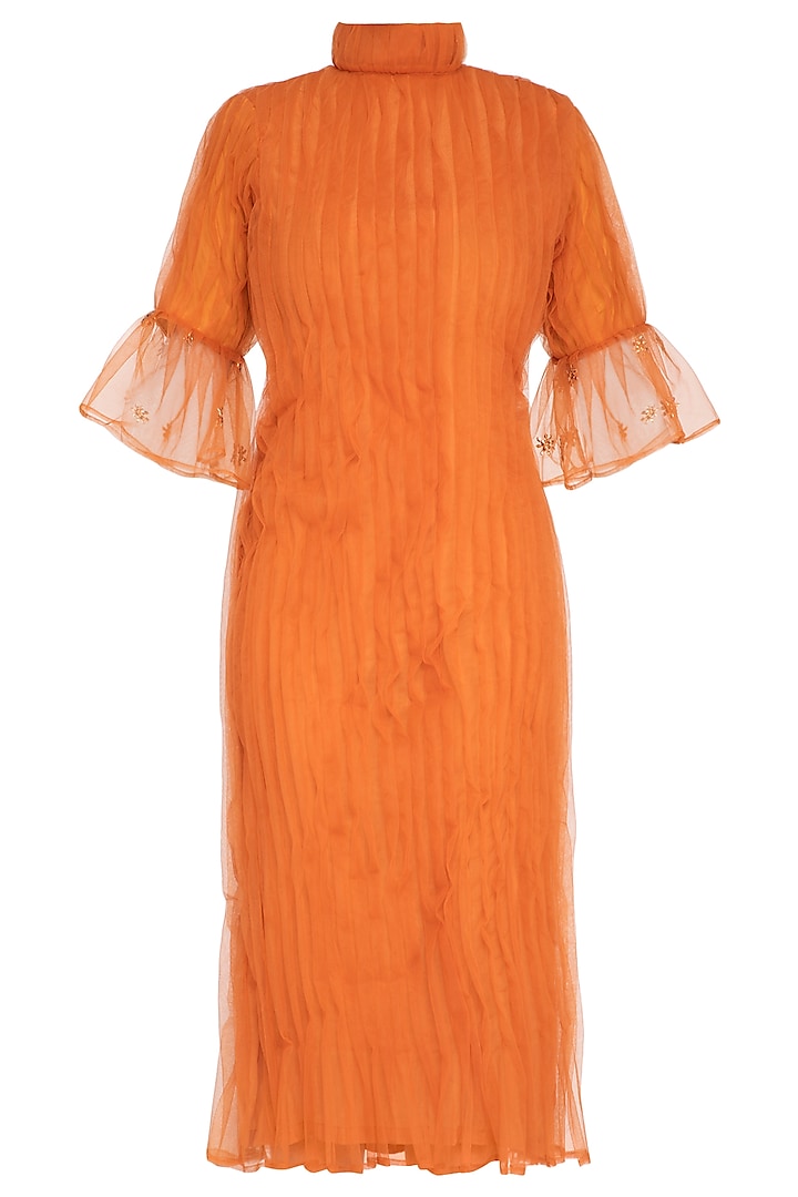 Orange Embroidered Pleated Midi Dress by AQDUS