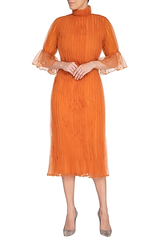 Orange Embroidered Pleated Midi Dress by AQDUS