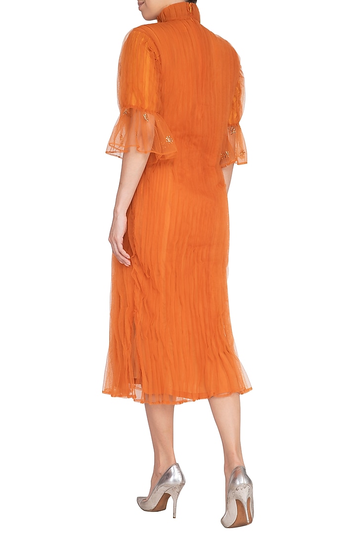 Orange Embroidered Pleated Midi Summer Dress by AQDUS at Pernia's Pop Up Shop