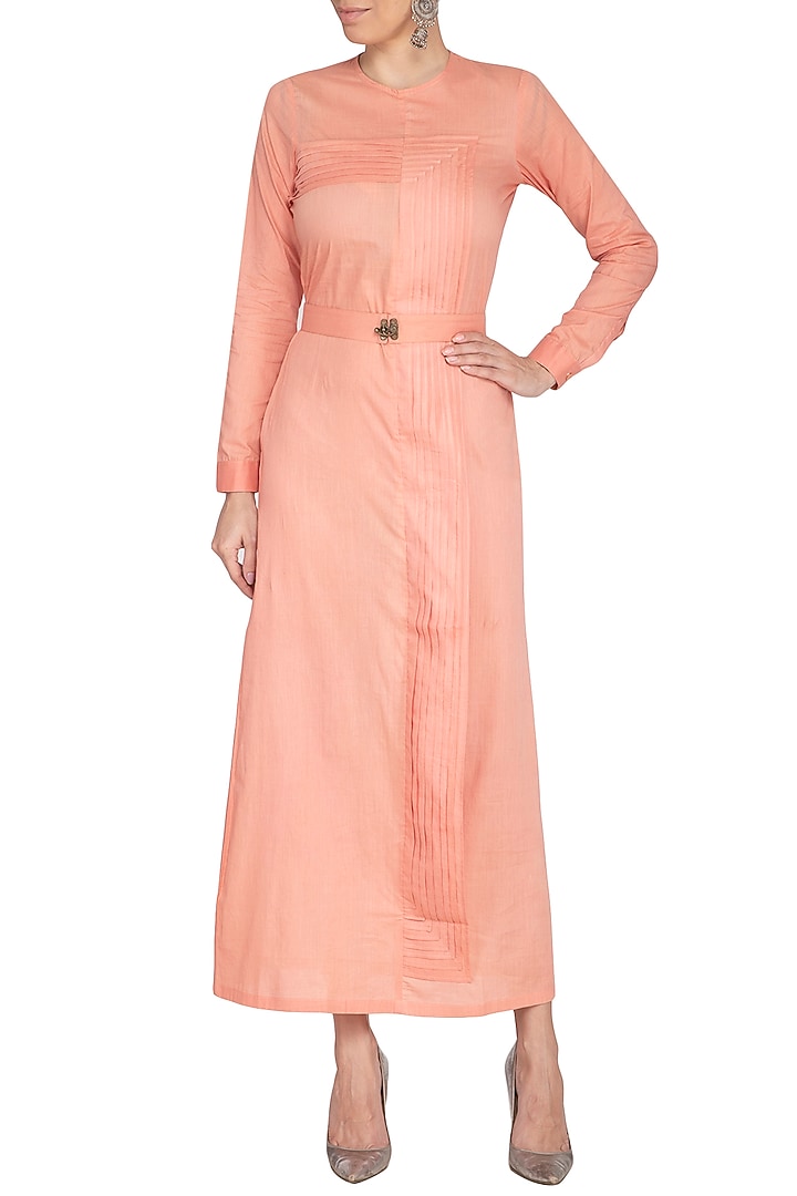 Coral Almond Cotton Pleated Summer Dress by AQDUS at Pernia's Pop Up Shop