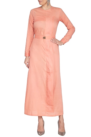 Coral Almond Cotton Pleated Dress by AQDUS