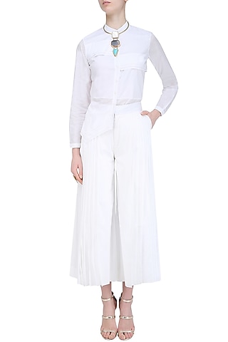 White Layered Pleated Culottes by AQDUS