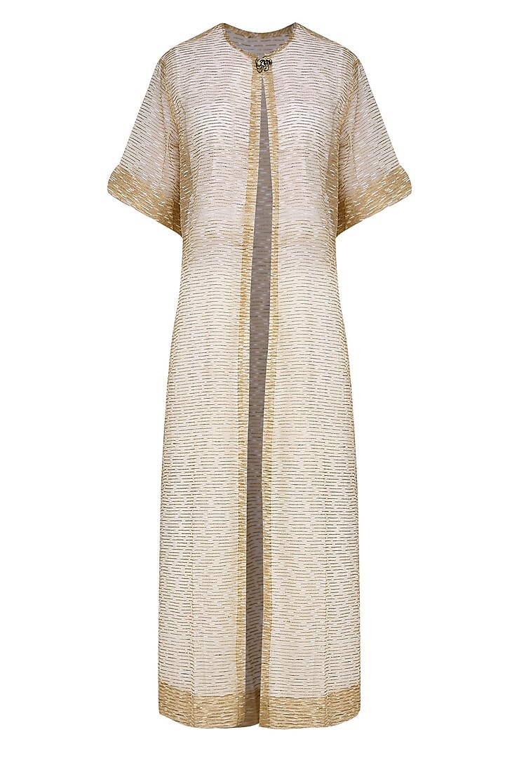 Sahara beige front open embroidered organza jacket available only at Pernia's Pop Up Shop.
