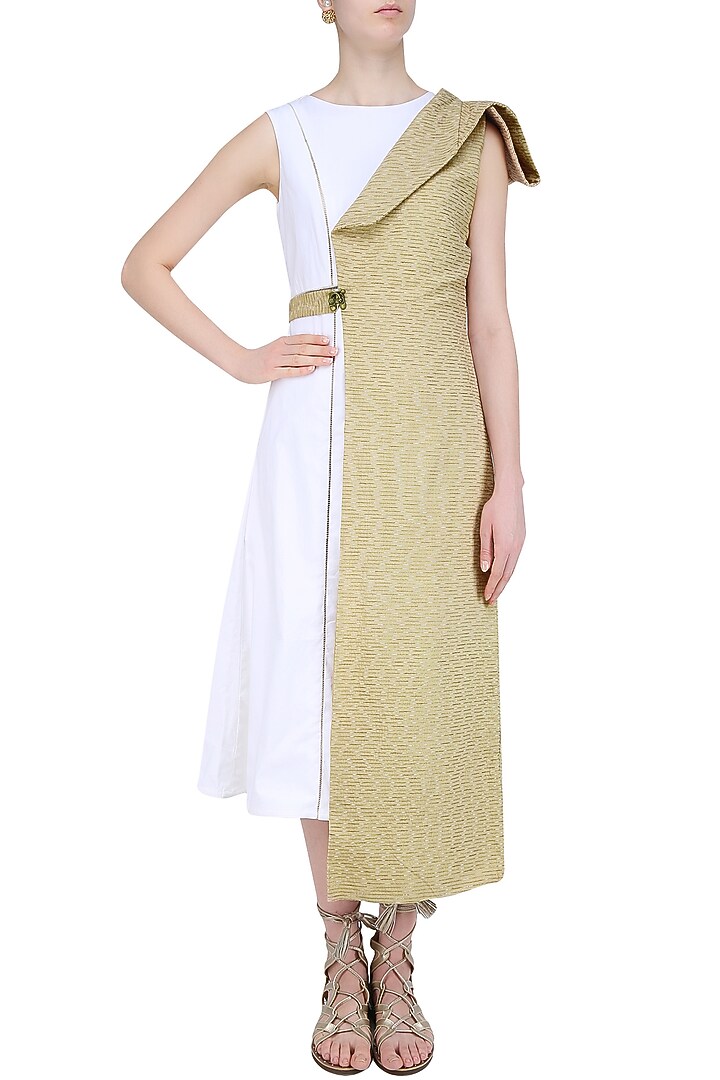 Sahara beige embroidered linen half jacket available only at Pernia's Pop Up Shop.