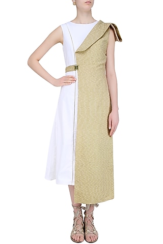 Sahara Beige Embroidered Linen Half Jacket by AQDUS