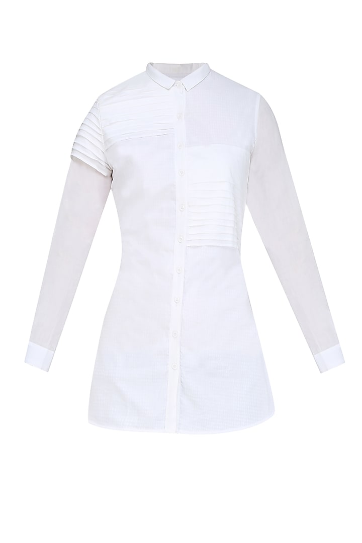 White Short Collared Pleated Button Down Shirt by AQDUS