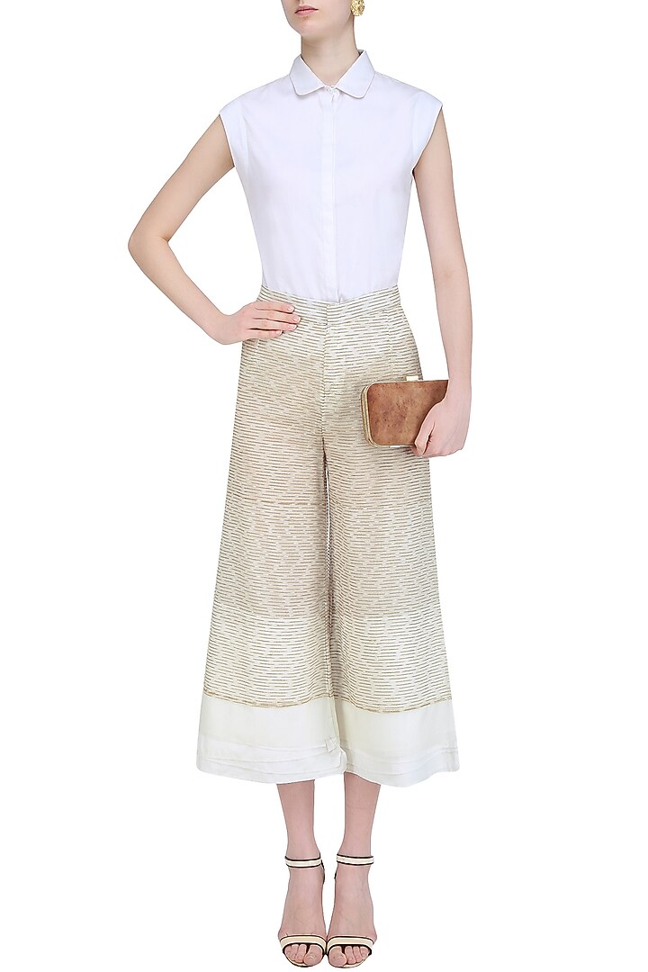 Sahara biege embroidered organza culottes available only at Pernia's Pop Up Shop.