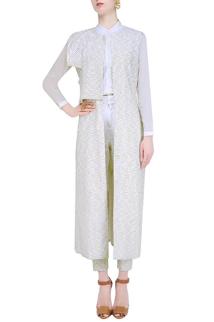 White embroidered linen long jacket available only at Pernia's Pop Up Shop.