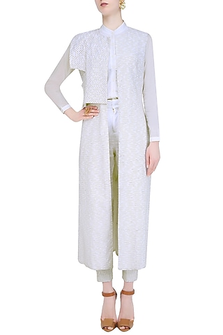 White Embroidered Linen Long Jacket by AQDUS
