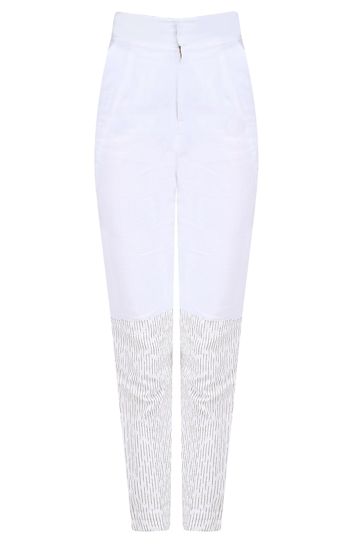White Embroidered Linen Pants by AQDUS
