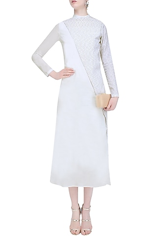 White Embroidered Side Slit Dress by AQDUS