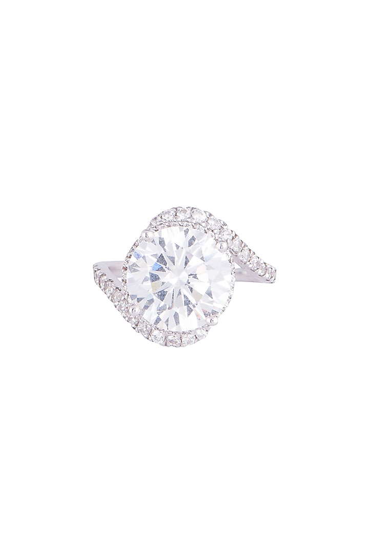 White Finish 925 Sterling Silver Swarovski Zircon Solitaire Cocktail Ring by Tesoro by Bhavika at Pernia's Pop Up Shop