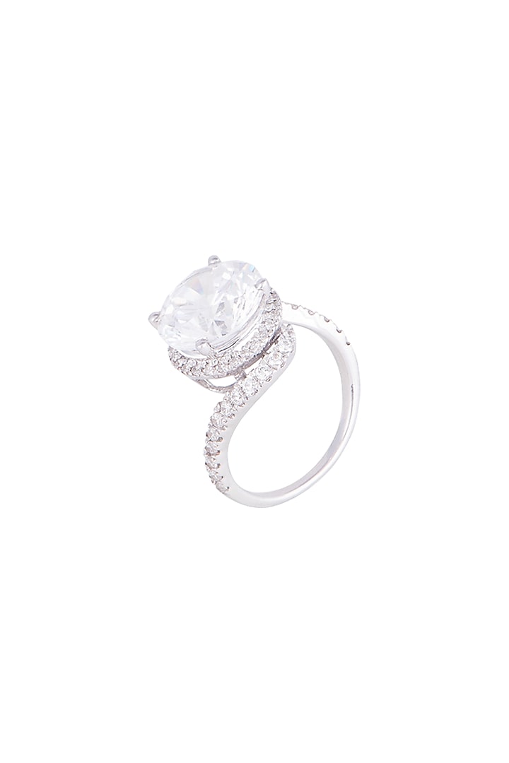 White Finish 925 Sterling Silver Swarovski Zircon Solitaire Cocktail Ring by Tesoro by Bhavika at Pernia's Pop Up Shop