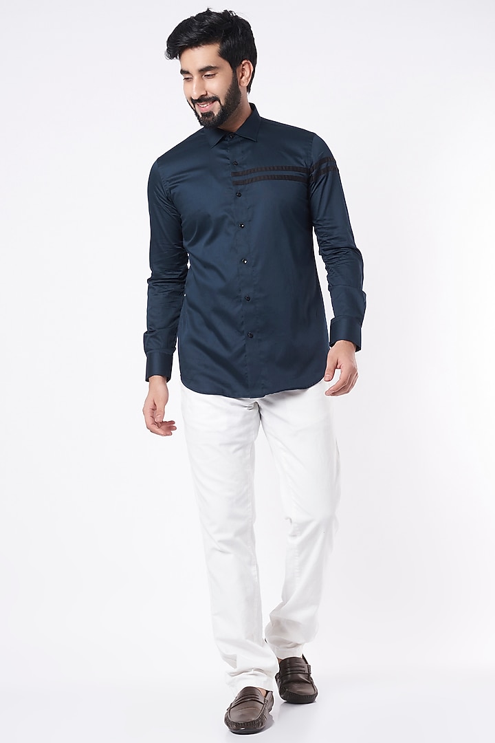 Navy Blue Cotton Party Wear Shirt by Aces by Arjun Agarwal at Pernia's Pop Up Shop