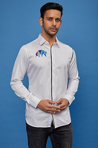 White Cotton Embroidered Shirt by Aces by Arjun Agarwal